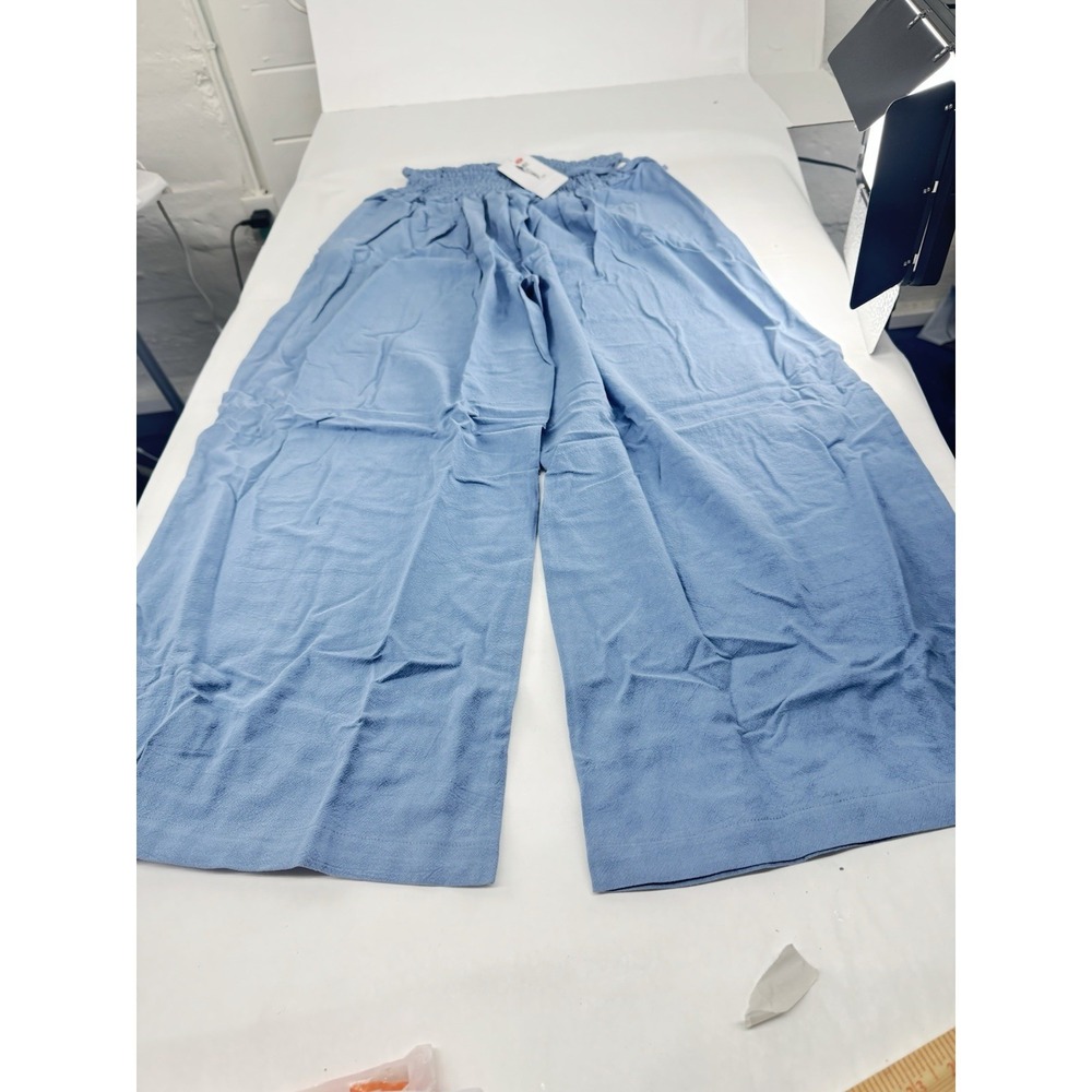 LINEN High waisted Wide Leg  Women's 100%linen Pants New  blue. XXL